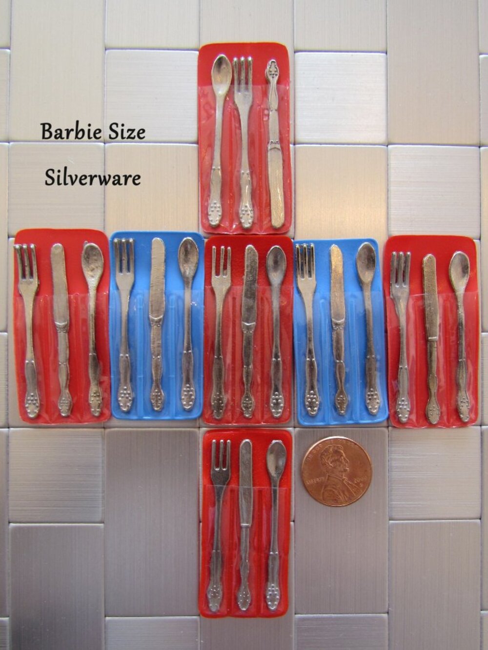 BARBIE SILVERWARE, 7 SETS of METAL KNIFE, FORK & SPOON in CASES for BARBIE & KEN